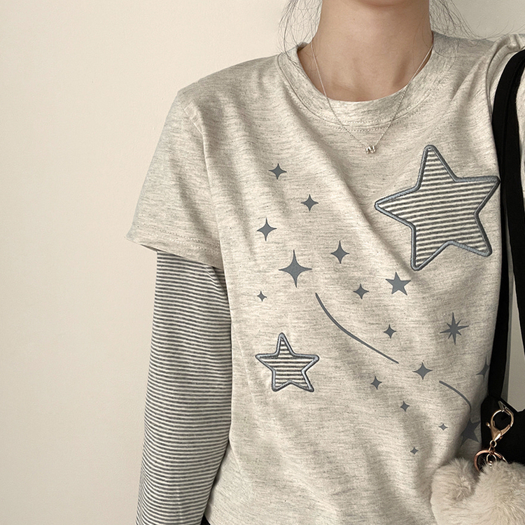 星パッチストライプレイヤードTシャツ OATMEAL