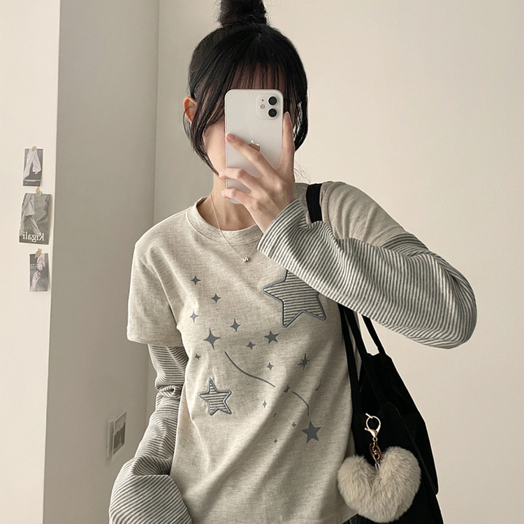 星パッチストライプレイヤードTシャツ OATMEAL