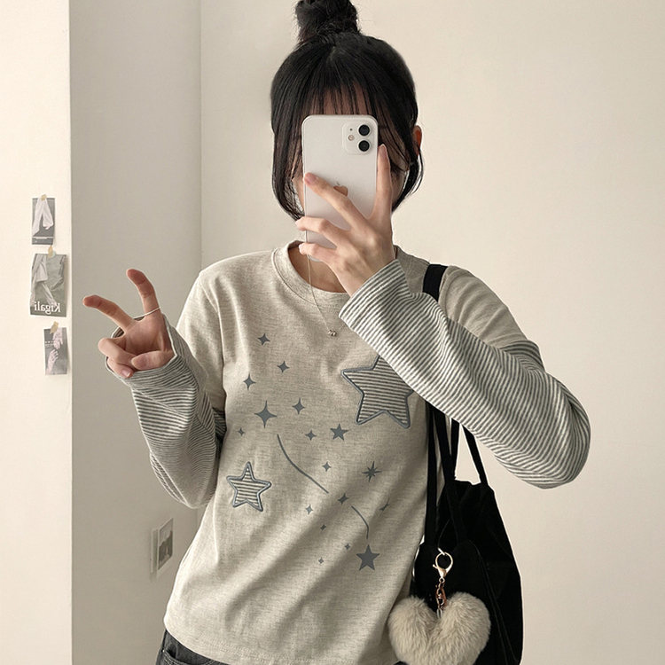 星パッチストライプレイヤードTシャツ OATMEAL