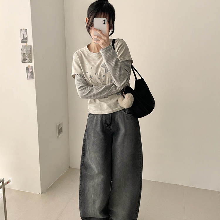 星パッチストライプレイヤードTシャツ OATMEAL