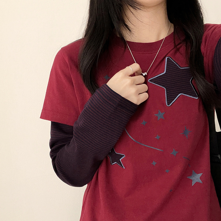 星パッチストライプレイヤードTシャツ WINE