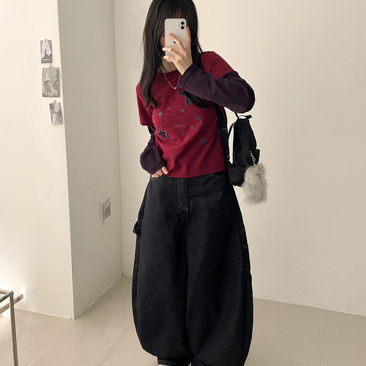 星パッチストライプレイヤードTシャツ WINE