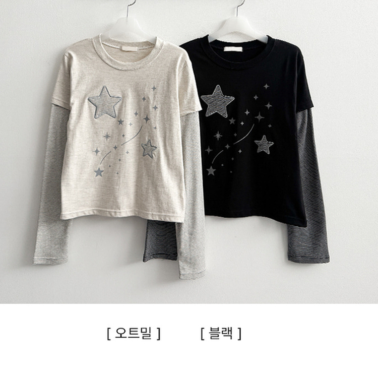 星パッチストライプレイヤードTシャツ