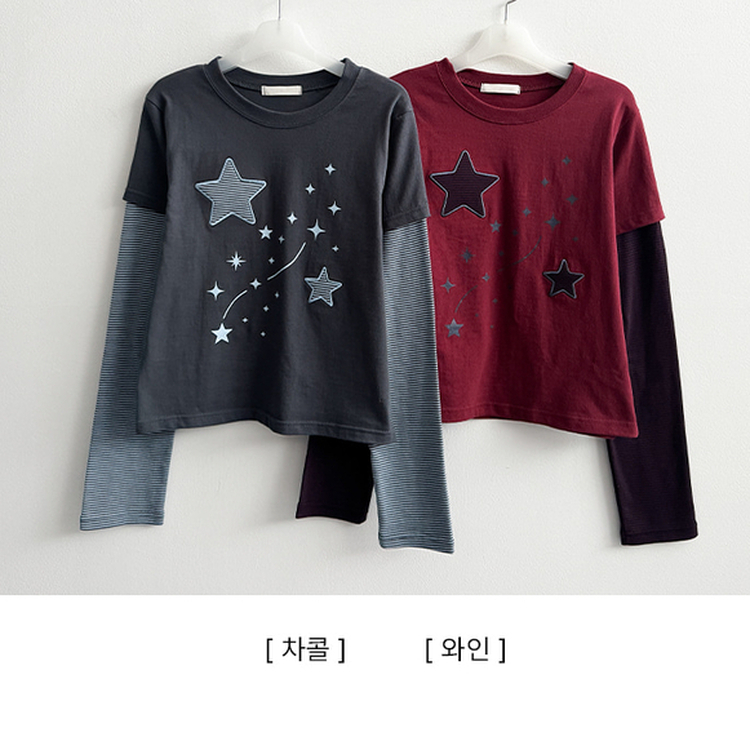 星パッチストライプレイヤードTシャツ