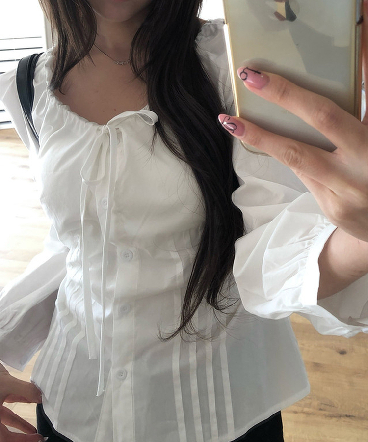 リボンパフピンテックブラウス WHITE