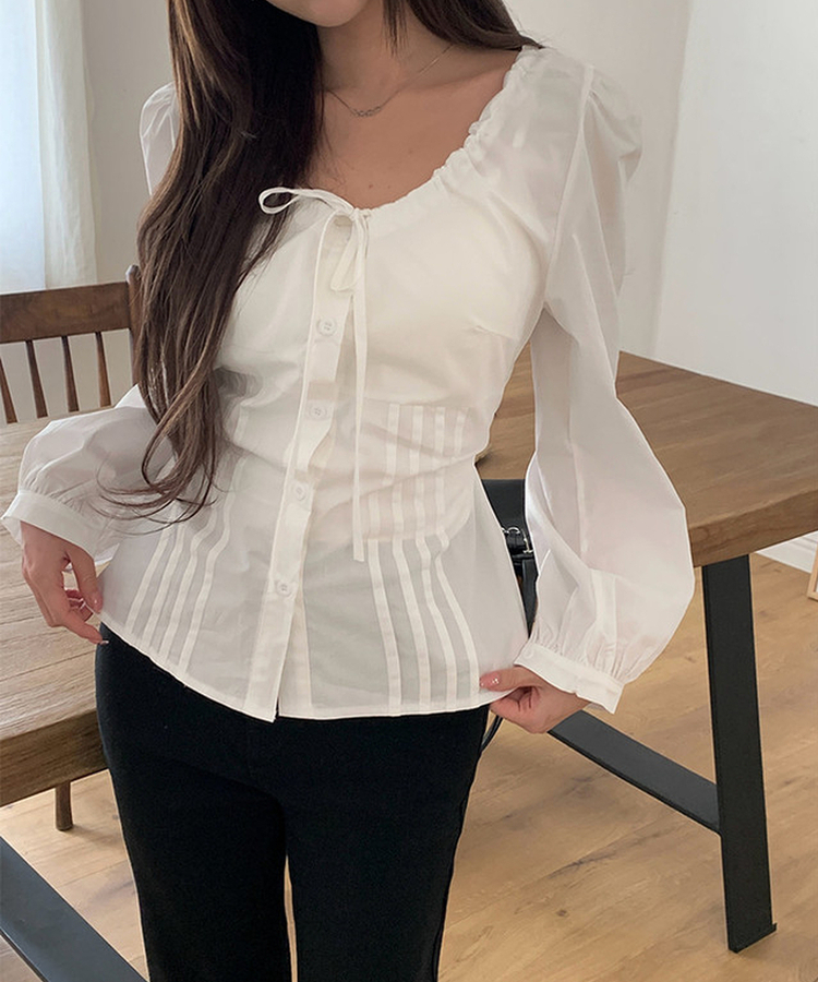 リボンパフピンテックブラウス WHITE