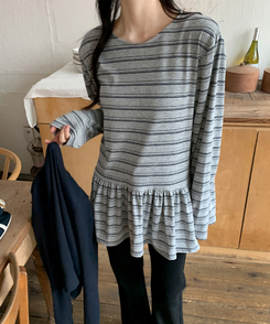 ストライプフリル長袖Tシャツ MELANGE GRAY