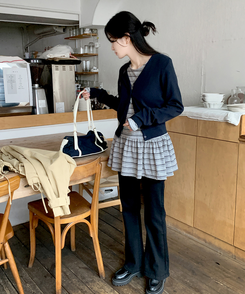 ストライプフリル長袖Tシャツ MELANGE GRAY