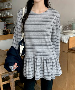 ストライプフリル長袖Tシャツ MELANGE GRAY
