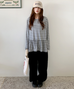 ストライプフリル長袖Tシャツ MELANGE GRAY