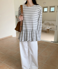 ストライプフリル長袖Tシャツ WHITE MELANGE