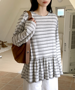 ストライプフリル長袖Tシャツ WHITE MELANGE