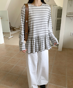 ストライプフリル長袖Tシャツ WHITE MELANGE