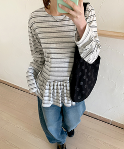 ストライプフリル長袖Tシャツ WHITE MELANGE