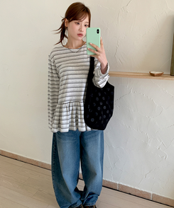 ストライプフリル長袖Tシャツ WHITE MELANGE