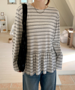 ストライプフリル長袖Tシャツ WHITE MELANGE