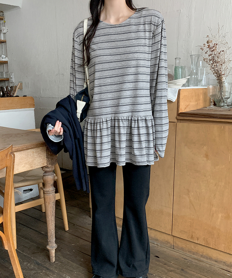 ストライプフリル長袖Tシャツ MELANGE GRAY