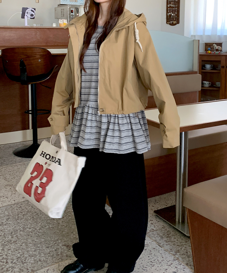 ストライプフリル長袖Tシャツ MELANGE GRAY