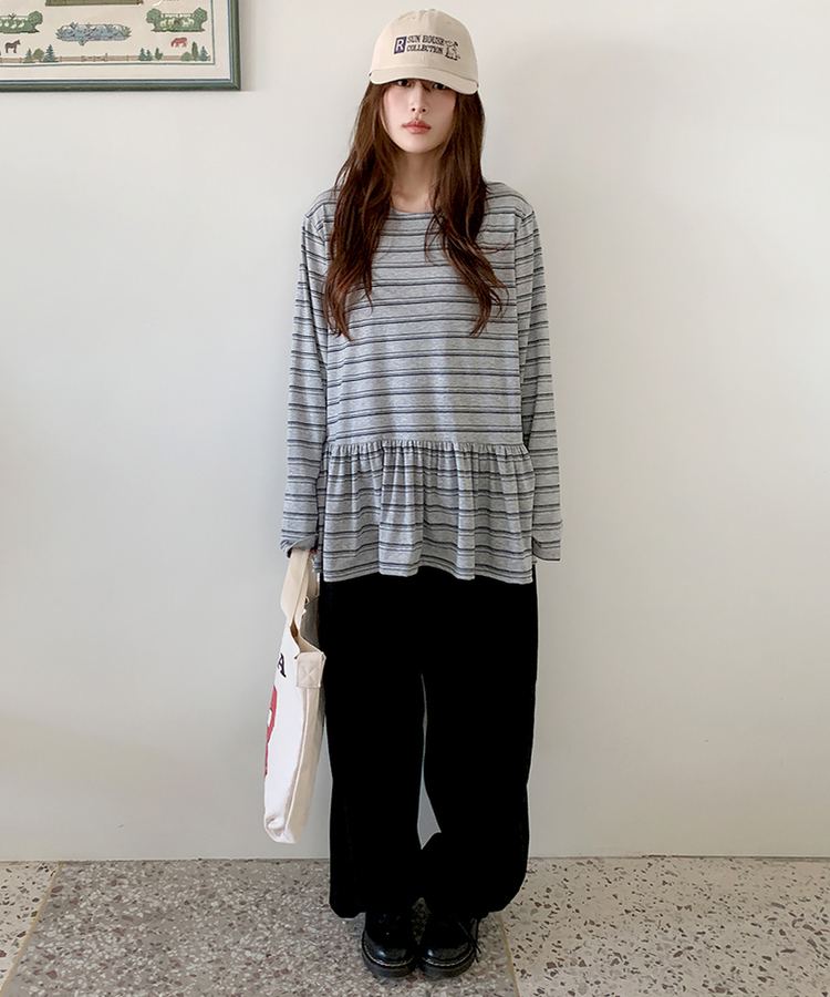 ストライプフリル長袖Tシャツ MELANGE GRAY