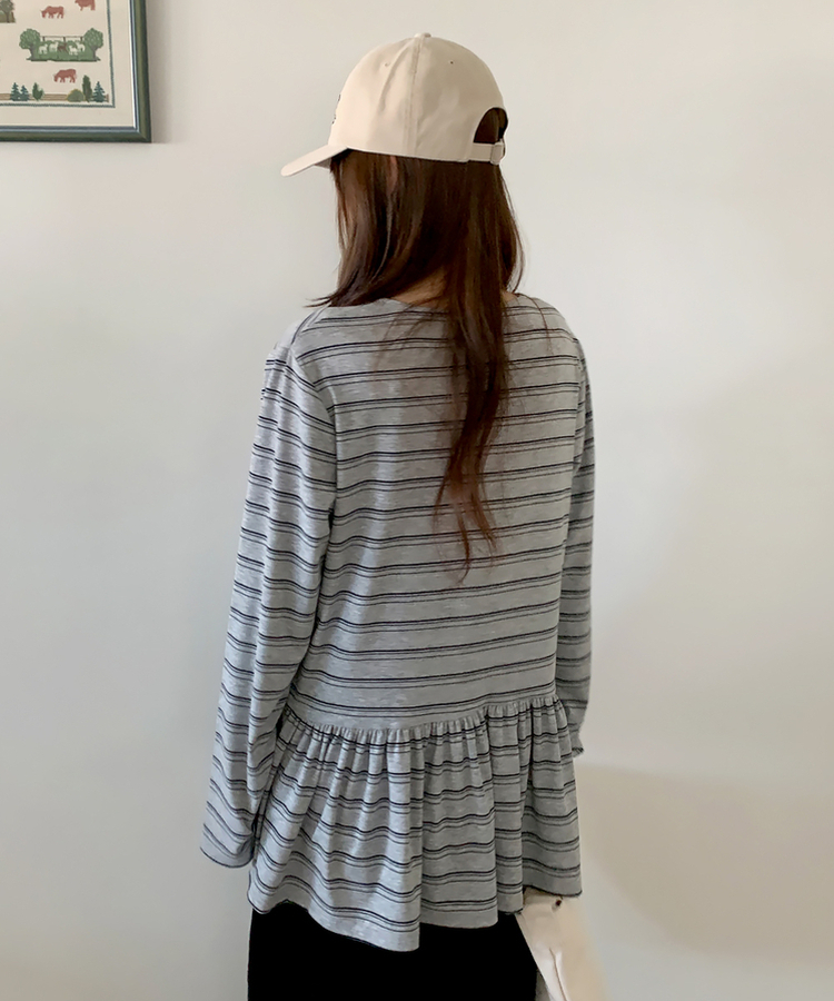 ストライプフリル長袖Tシャツ MELANGE GRAY
