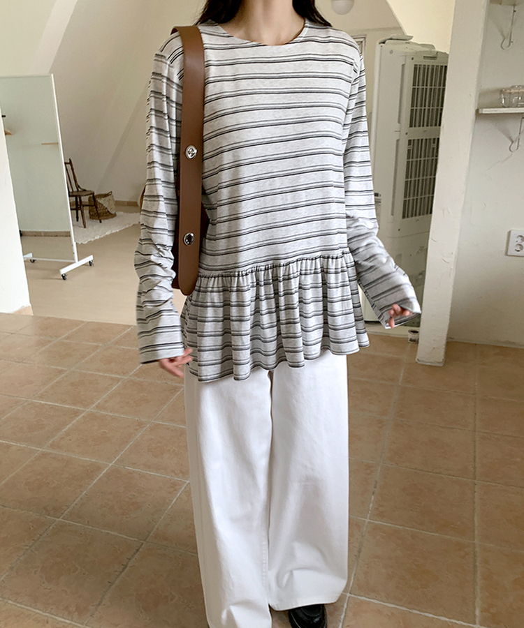 ストライプフリル長袖Tシャツ WHITE MELANGE