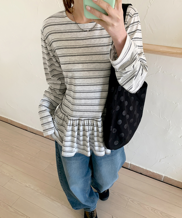 ストライプフリル長袖Tシャツ WHITE MELANGE