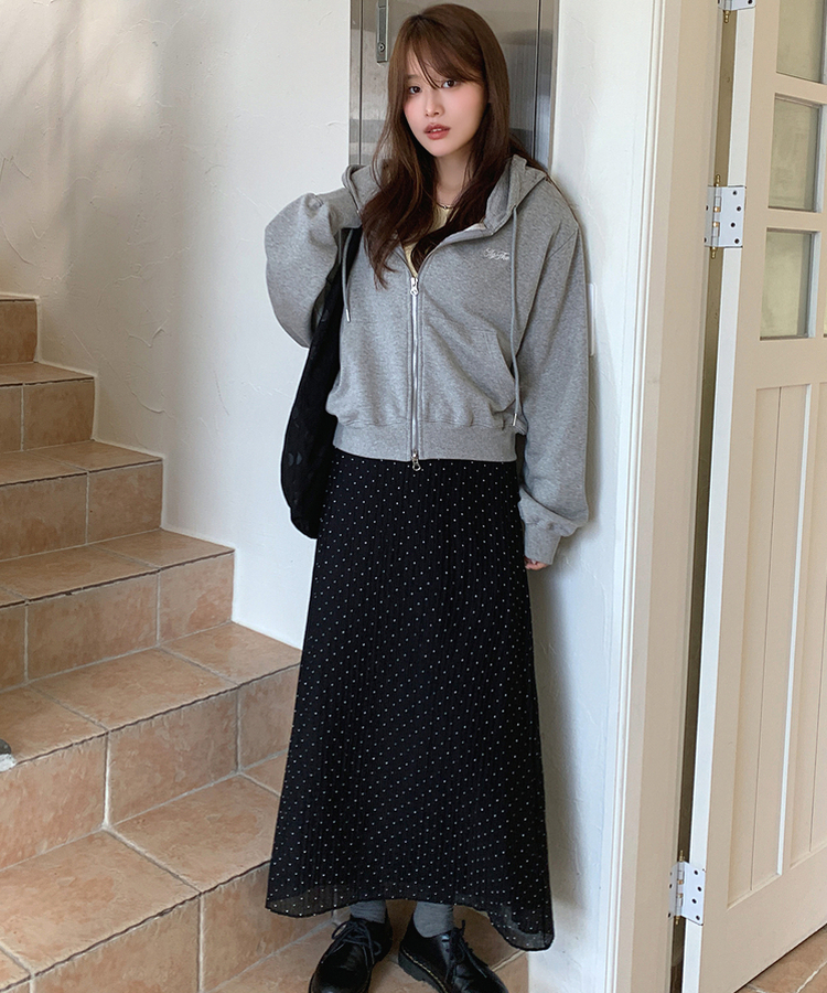 ドットシフォンマキシロングスカート BLACK