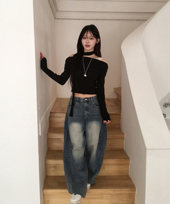 【丈別】サイドピンテックワイドデニムパンツ(5color) DEEP DENIM