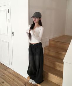 【丈別】サイドピンテックワイドデニムパンツ(5color) BLACK