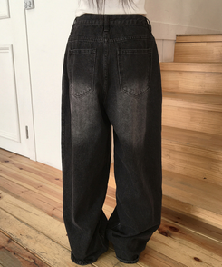 【丈別】サイドピンテックワイドデニムパンツ(5color) BLACK