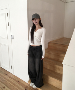 【丈別】サイドピンテックワイドデニムパンツ(5color) BLACK