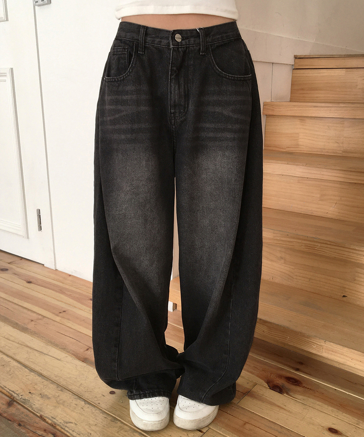 【丈別】サイドピンテックワイドデニムパンツ(5color) BLACK