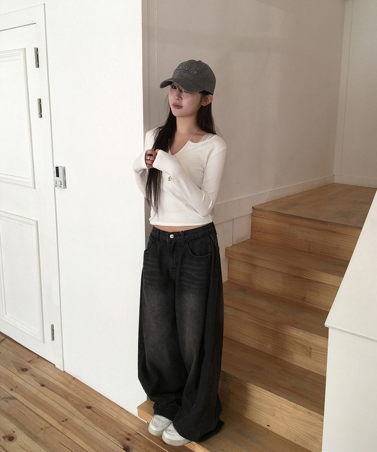 【丈別】サイドピンテックワイドデニムパンツ(5color) BLACK