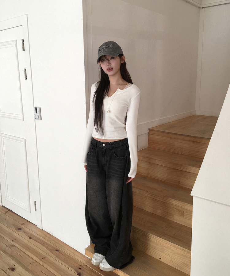 【丈別】サイドピンテックワイドデニムパンツ(5color) BLACK