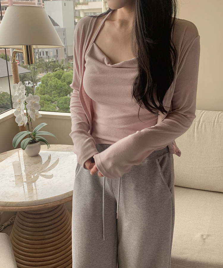 【SET】ホルターキャミソール＋スリムカーディガン(6color) PINK