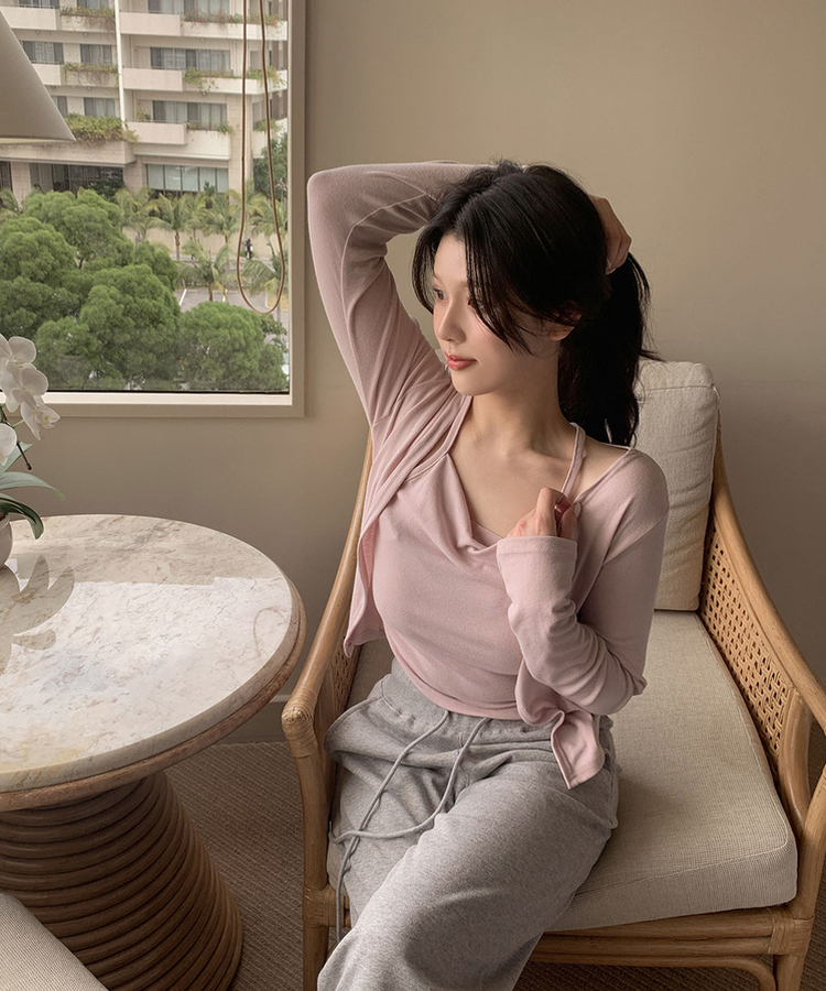 【SET】ホルターキャミソール＋スリムカーディガン(6color) PINK