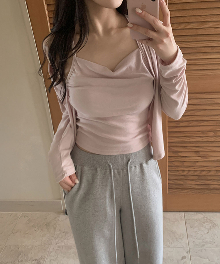 【SET】ホルターキャミソール＋スリムカーディガン(6color) PINK