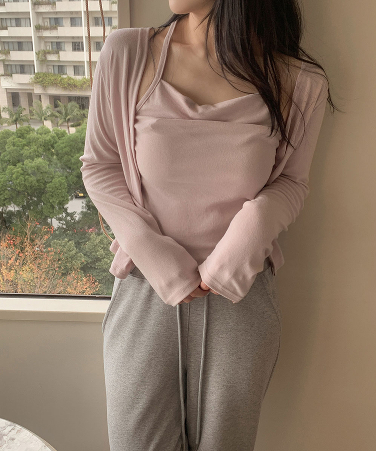 【SET】ホルターキャミソール＋スリムカーディガン(6color) PINK