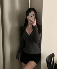 レースボタンリブニット GREY