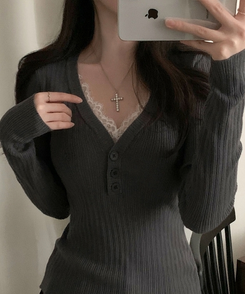 レースボタンリブニット GREY