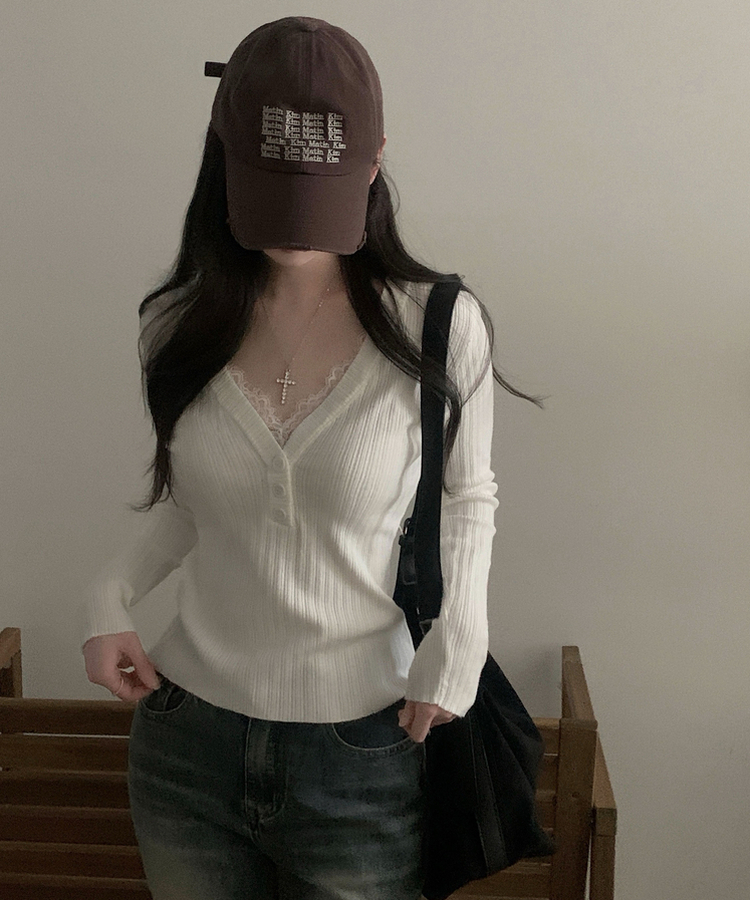 レースボタンリブニット IVORY