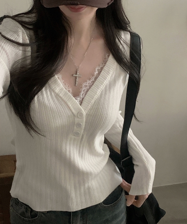 レースボタンリブニット IVORY