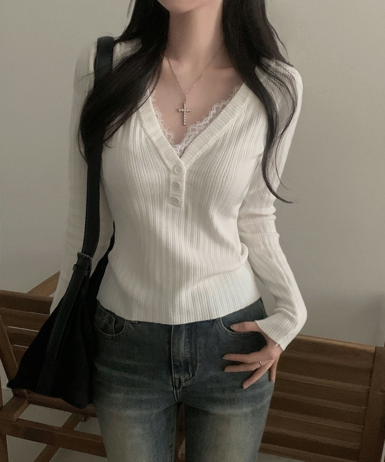 レースボタンリブニット IVORY