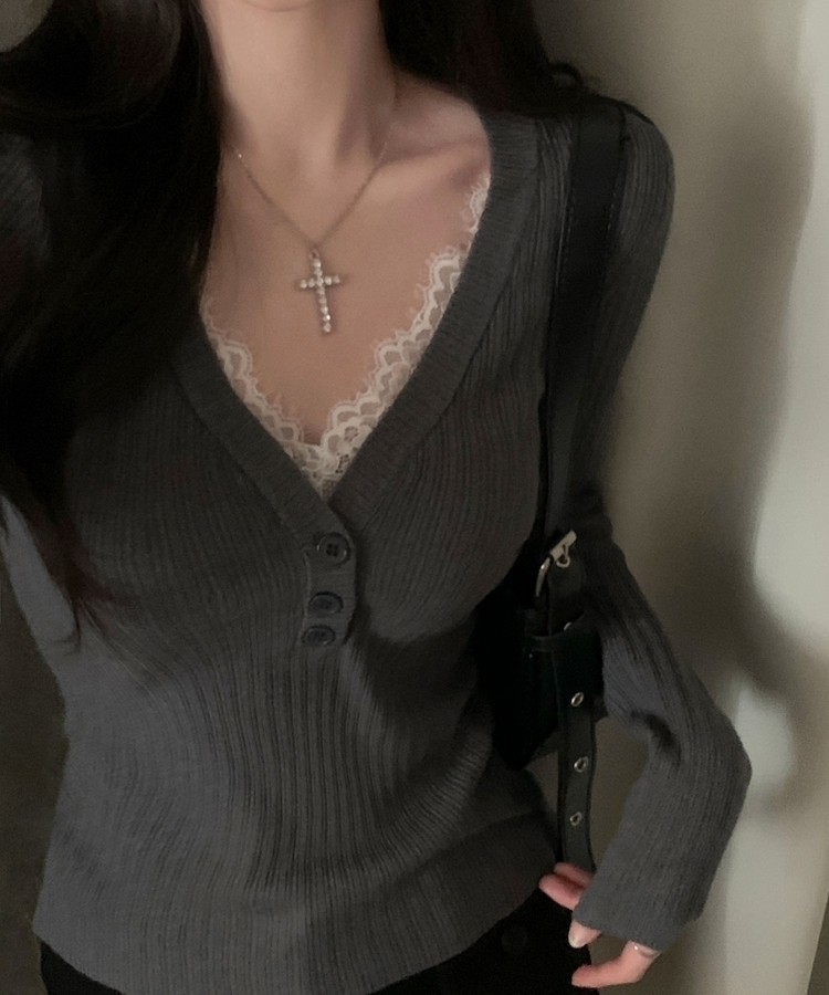 レースボタンリブニット GREY