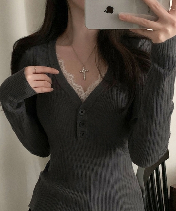 レースボタンリブニット GREY