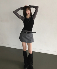 【ベルト付き】サイドスリットミニスカートパンツ CHARCOAL