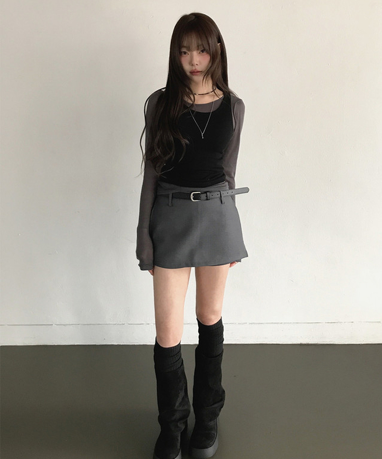 【ベルト付き】サイドスリットミニスカートパンツ CHARCOAL