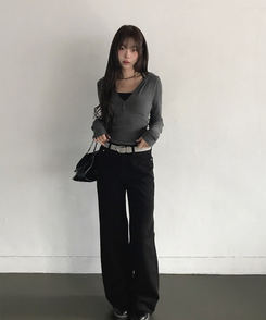 レイヤードボタンスリム長袖フードＴ CHARCOAL