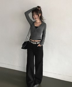 レイヤードボタンスリム長袖フードＴ CHARCOAL