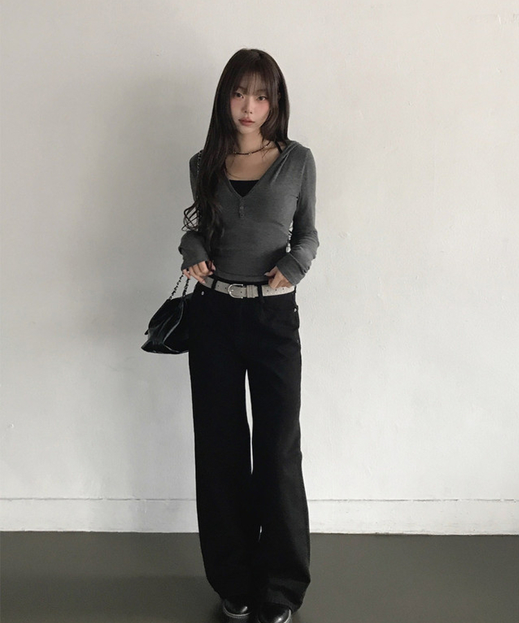 レイヤードボタンスリム長袖フードＴ CHARCOAL